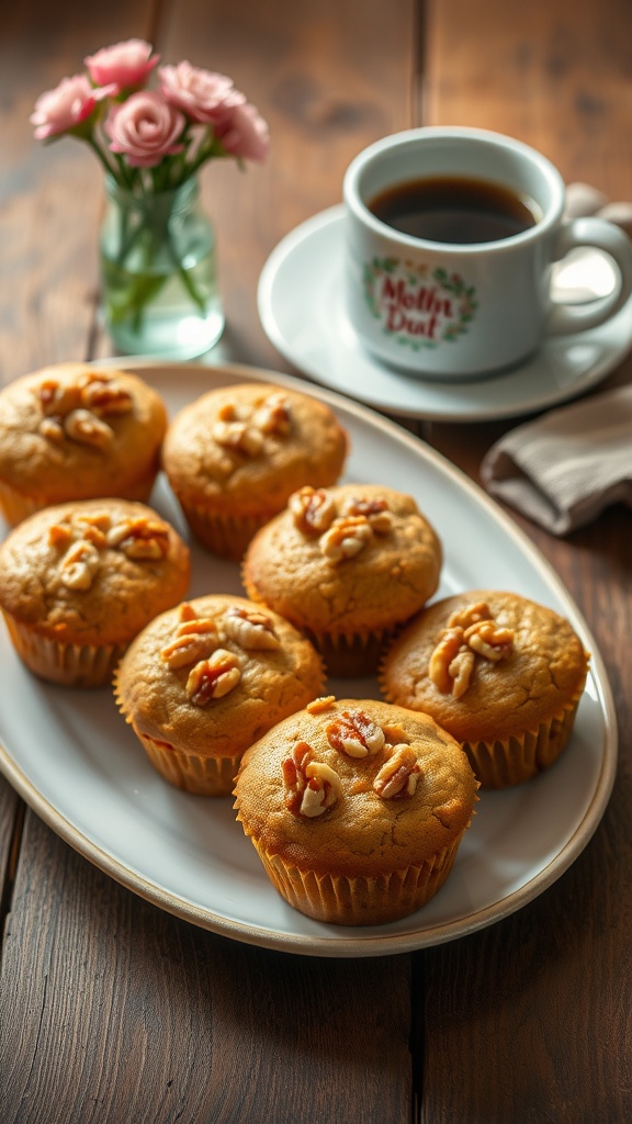 Delicious Banana Nut Muffins for Mother A plate of golden banana nut muffins garnished with walnuts, ideal for Mother